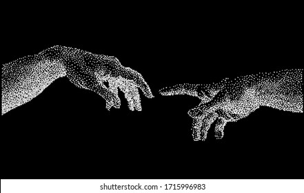 The Creation of Adam. Vector hand drawn dotwork illustration from a section of Michelangelo's fresco Sistine Chapel ceiling. Hands made of particles.