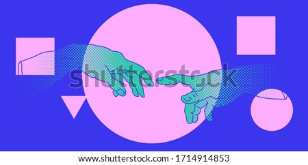 The Creation of Adam. Vector hand drawn illustration from a section of Michelangelo's fresco Sistine Chapel ceiling in neon pink vaporwave style. Fashion print for t-shirt or cover.