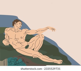 Creation of Adam. vector illustration. painting masterpieces. The birth of a person. Fresco by Michelangelo. Man and God. The picture is drawn in vector. Adam reaches out. The man lies.