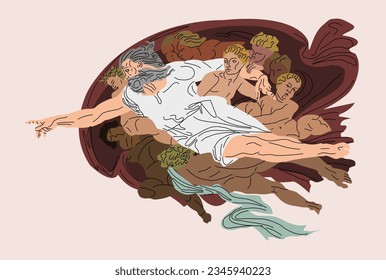 Creation of Adam. Vector illustration. Painting masterpieces. Touch God. The birth of a person. Fresco by Michelangelo. Man and God. The picture is drawn in vector. To point with a finger