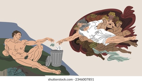 Creation of Adam. vector illustration. painting masterpieces. The birth of a person. Fresco by Michelangelo. Environment protection. To take out the trash. Protection of Nature. 