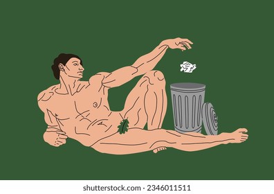 Creation of Adam. vector illustration. painting masterpieces. The birth of a person. Fresco by Michelangelo. Environment protection. To take out the trash. Protection of Nature. 