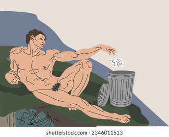 Creation of Adam. vector illustration. painting masterpieces. The birth of a person. Fresco by Michelangelo. Environment protection. To take out the trash. Protection of Nature. 