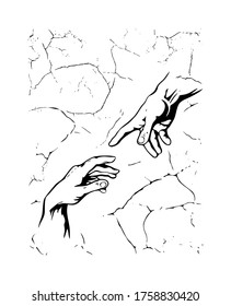 The Creation of Adam.Hand to hand silhouette vector drawing with fresco textured background.Black illustration of the arm of God giving the touch of life.As Michelangelo`s  in the Sistine chapel.