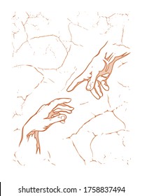 The Creation of Adam.Hand to hand silhouette vector drawing with fresco textured background.Brown illustration of the arm of God giving the touch of life.As Michelangelo`s  in the Sistine chapel.