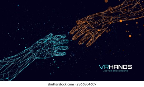 Creation AI Concept - Hands Reaching Towards Each Other. Concept of Human Relation, Partnership. Polygonal Mesh Wireframe Hands in Virtual Reality. 3D Low Poly Hands. Vector Illustration.