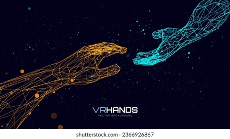 Creation AI Concept - Hands Reaching Towards Each Other. Concept of Human Relation, Partnership. Polygonal Mesh Wireframe Hands in Virtual Reality. 3D Low Poly Hands. Vector Illustration.