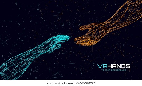 Creation AI Concept - Hands Reaching Towards Each Other. Concept of Human Relation, Partnership. Polygonal Mesh Wireframe Hands in Virtual Reality. 3D Low Poly Hands. Vector Illustration.