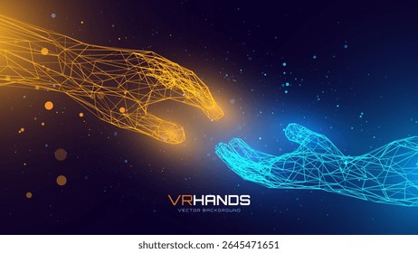 Creation AI Concept - Hands Reaching Towards Each Other. Concept of Human Relation, Partnership. Polygonal Mesh Wireframe Hands in Virtual Reality. 3D Low Poly Hands. Vector Illustration.