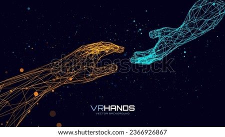 Creation AI Concept - Hands Reaching Towards Each Other. Concept of Human Relation, Partnership. Polygonal Mesh Wireframe Hands in Virtual Reality. 3D Low Poly Hands. Vector Illustration.