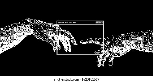 The Creation of AI, the hands going to touch together look like the Michelangelo's art work. Cyberpunk/ vaporwave style art collage.