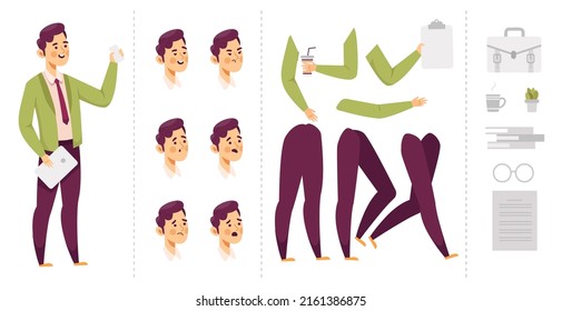 Creation Animated Businessman Or Working People Characters Template With Body Path, Head, Leg, Computer For Graphic Designer Use Object, Vector Illustration