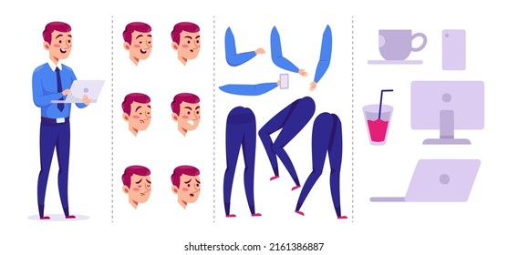 Creation Animated Businessman Or Working People Characters Template With Body Path, Head, Leg, Computer For Graphic Designer Use Object, Vector Illustration