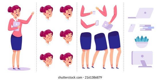 Creation Animated Businesswoman Or Working People Characters Template With Body Path, Head, Leg, Computer For Graphic Designer Use Object, Vector Illustration