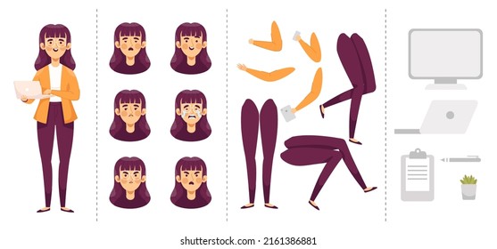 Creation Animated Businesswoman Or Working People Characters Template With Body Path, Head, Leg, Computer For Graphic Designer Use Object, Vector Illustration