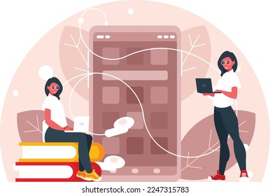 Creation of applications for smartphones. Female programmers at work. Smartphone with headphones. Phone screen with apps. Vector graphics