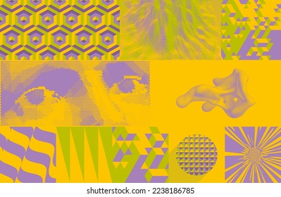 Creation. Art composition. Cover design template. Digital vision. Flowing liquid shape. Wall of cubes. Wavy pattern with optical illusion. Burst. Illustration for brochure, poster or presentation.