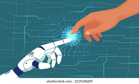 Creation of artificial intelligence. Humans and robots cooperation, AI give hand. Bionic arm with touch gesture vector illustration of human and robot intelligence