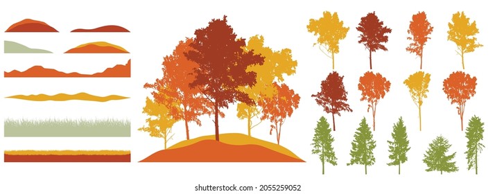 Creation of autumn forest, park, woodland. Set of silhouette of beautiful birch, spruce trees. Vector illustration