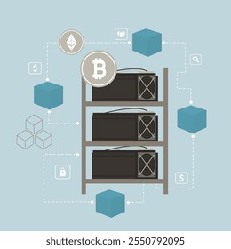 Creación de bitcoins. Video Imagen de una tarjeta. Ganancias de criptomonedas digitales. Granja minera de trabajo, tarjetas gráficas, ganancias de criptomonedas, bitcoin, tecnología blockchain. Ilustración vectorial plana