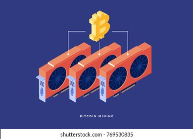 Creation of bitcoins with using video cards. Digital currency or cryptocurrency mining farm. 3d isometric flat design. Vector illustration.