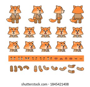 Creation bundle of a cute fox character in suit. Create your own pose, action, animation. Vector illustration