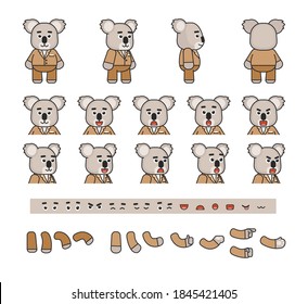 Creation bundle of a cute koala character in suit. Create your own action, pose or animation. Vector illustration bundle