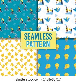 Creation Business Idea Solution Seamless Pattern Set. Cartoon Metaphor Businessmen Cycling to Goal. Coworkers Connect Puzzle Pieces. Burning Light Bulbs. Isolated Jigsaw. Vector Endless Illustration