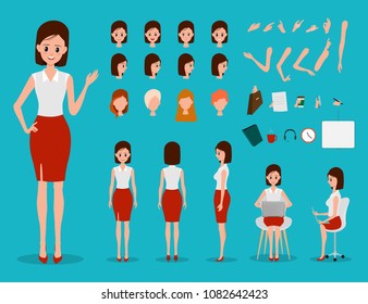Creation of businesswoman with various views, hairstyles, emotion face and pose for animation.