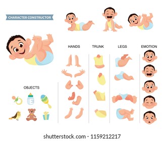 Creation of cartoon character baby boy set with haircuts emotions legs positions and аccessories isolated vector illustration. Moving arms, legs. 