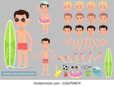 Creation of cartoon character boy set with haircuts emotions legs positions and accessories isolated vector illustration. Moving arms, legs. 