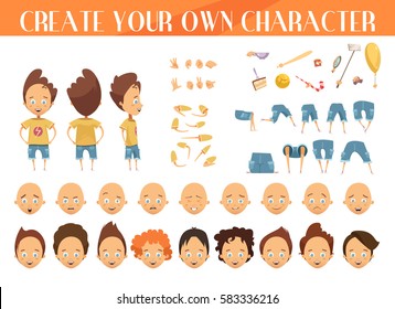 Creation Of Cartoon Character Boy Set With Haircuts Emotions Legs Positions And Sports Gear Isolated Vector Illustration