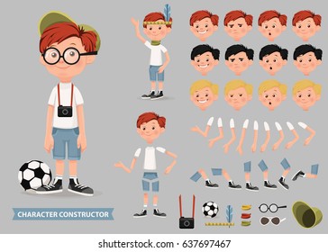 Creation of cartoon character boy set with haircuts emotions legs positions and sports gear isolated vector illustration.Moving arms, legs. Chair. Board.