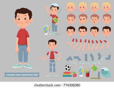 Creation Of Cartoon Character Boy Set With Haircuts Emotions Legs Positions And Sports Gear Isolated Vector Illustration.Moving Arms, Legs. Chair. Board.