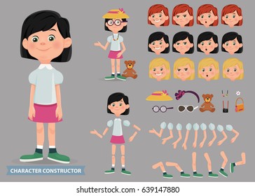 Creation of cartoon character girl set with haircuts emotions legs positions and  accessories, isolated vector illustration.Moving arms, legs. 