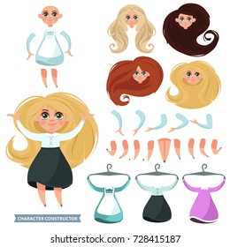 Creation of cartoon character girl set with haircuts legs positions and accessories isolated vector illustration.Moving arms, legs. 