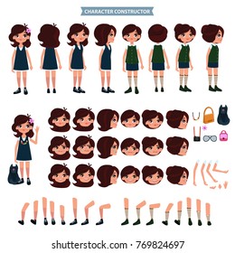 Creation of cartoon character girl set with haircuts emotions legs positions and Ð°ccessories isolated vector illustration.Moving arms, legs. 