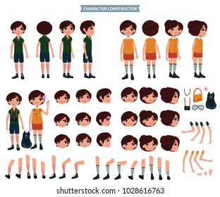 Creation of cartoon characters boy and girl set with haircuts emotions legs positions and Ð°ccessories isolated vector illustration. Moving arms, legs. 