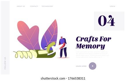 Creation of Carved Veggies Landing Page Template. Tiny Male Character Peeling Huge Cucumber for Making Vegetable Sculpture or Decorate Culinary Meal. Carving Craft Hobby. Cartoon Vector Illustration