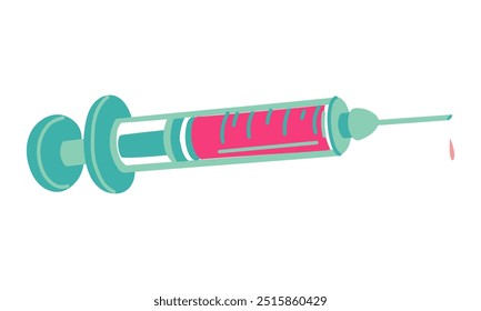 Creation of the concept of injection and vaccination. An isolated flat syringe filled with pink liquid before vaccination or injection with a vector illustration. Blue and pink colors, medicine