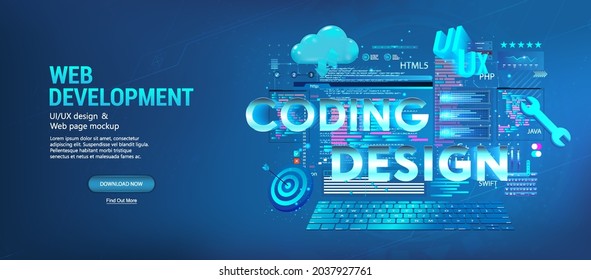 Creation, Configuration And Launch Of Websites. Programming, Coding, Graphic Design, Usability UI, UX, KIT. 3D Elements With Coding And Design Development Web And App. Coding And Programming. Vector