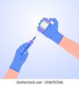 Creation of a COVID-19 vaccine. Design of doctor hands with medical gloves holding vaccine bottle and syringe. Template medical vaccine for poster, banner, brochure, etc. Eps 10.
