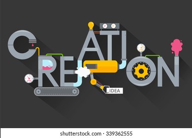 The creation of creative ideas.Creative process.Development production, plant , invention and solution.Word creation in the form of metal pipes