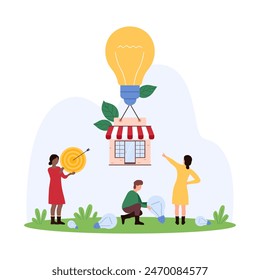 Creation and development of commercial startup, online store project. Small shop building flying on bright light bulb to tiny people, character holding target, broken lamps cartoon vector illustration