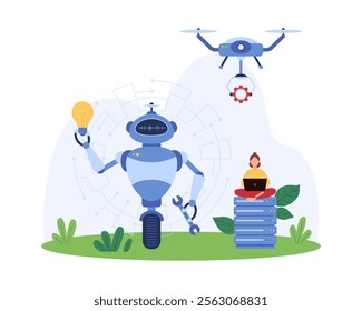 Creation and development, tech support of creative idea using AI services and tools. Robot holding light bulb, drone flying with gear to tiny woman working with laptop cartoon vector illustration