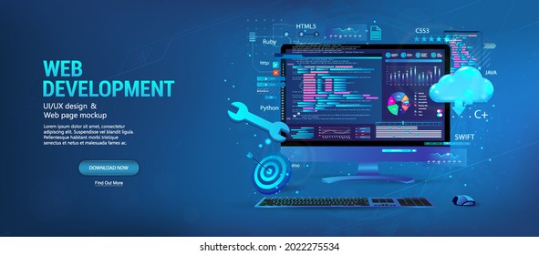 Creation and development of web sites. Programming, coding, graphic design, usability UI, UX, KIT. 3D web banner template development Web and App, coding and programming. Vector 3D illustration