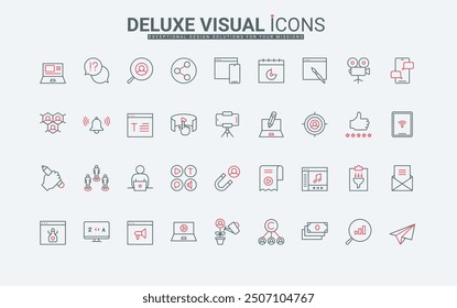Creation of digital content for blogs and vlogs, copyright protection and promotion in social media line icons set. Audience target search thin black and red outline symbols vector illustration