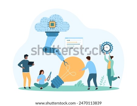Creation of digital projects and creative ideas using AI, cloud services. Tiny people and robotic arm construct big yellow light bulb, engineers work with settings cartoon vector illustration