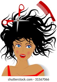 Creation of a hairdress by the hairdresser for the beautiful young girl by means of scissors and a hairbrush in a vector