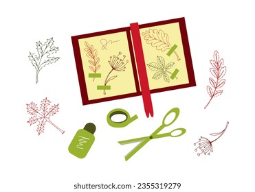 Creación de un herbario. Hojas secas y ramas de plantas en las páginas del álbum, tijeras, pegamento, cinta adhesiva y plantas sobre la mesa. Ilustración vectorial.